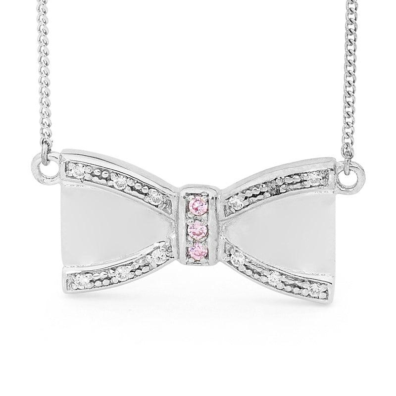 Silver Bow Pendant with Pink CZ