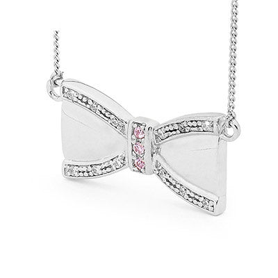 Silver Bow Pendant with Pink CZ