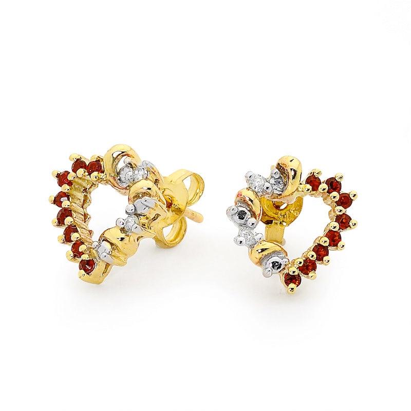 Garnet and Diamond Heart Stud Earrings