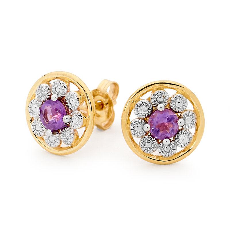 Amethyst Earrings with Diamond Halo