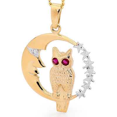 Owl and Moon Pendant with Ruby