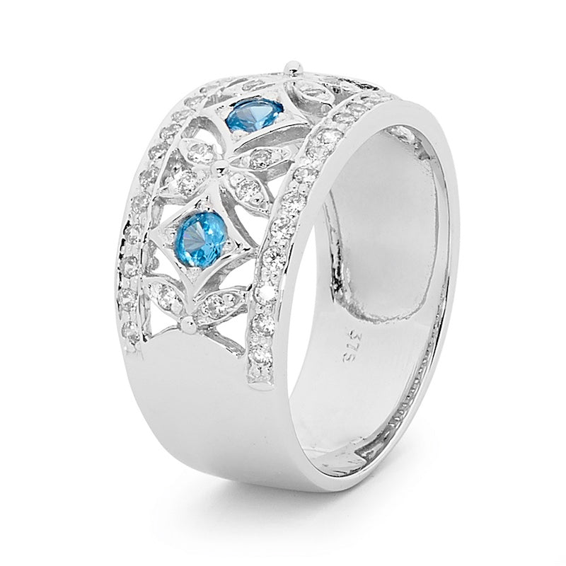 White Gold Right Hand CZ Ring with Light Blue Spinel Gemstones