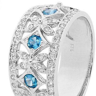 White Gold Right Hand CZ Ring with Light Blue Spinel Gemstones