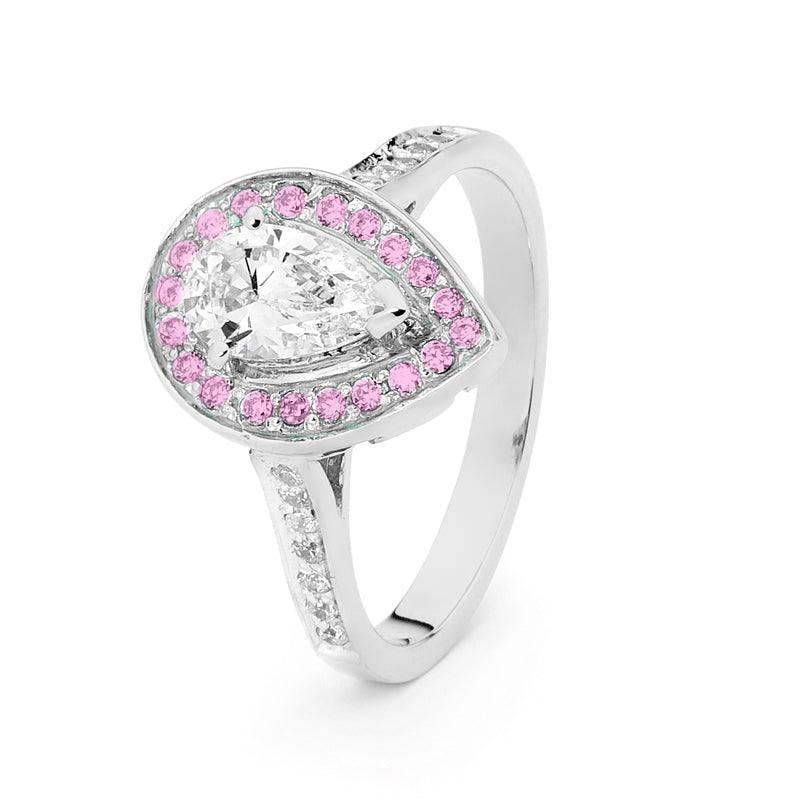 Teardrop CZ Engagement Ring in White with Pink Halo